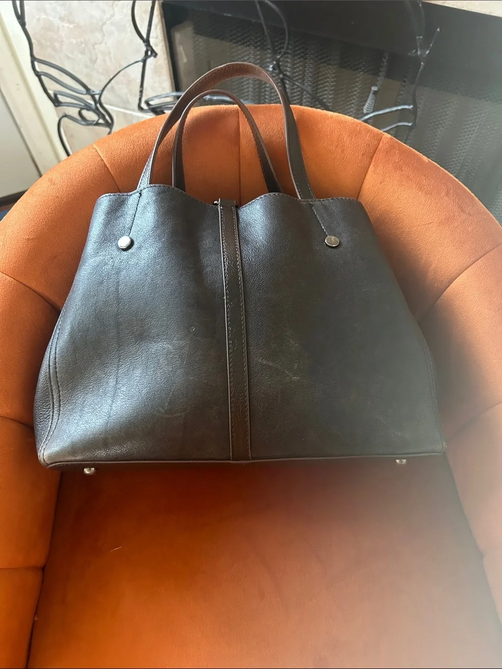 Women’s Brown Leather Tote Bag with Red Floral Accented leather
